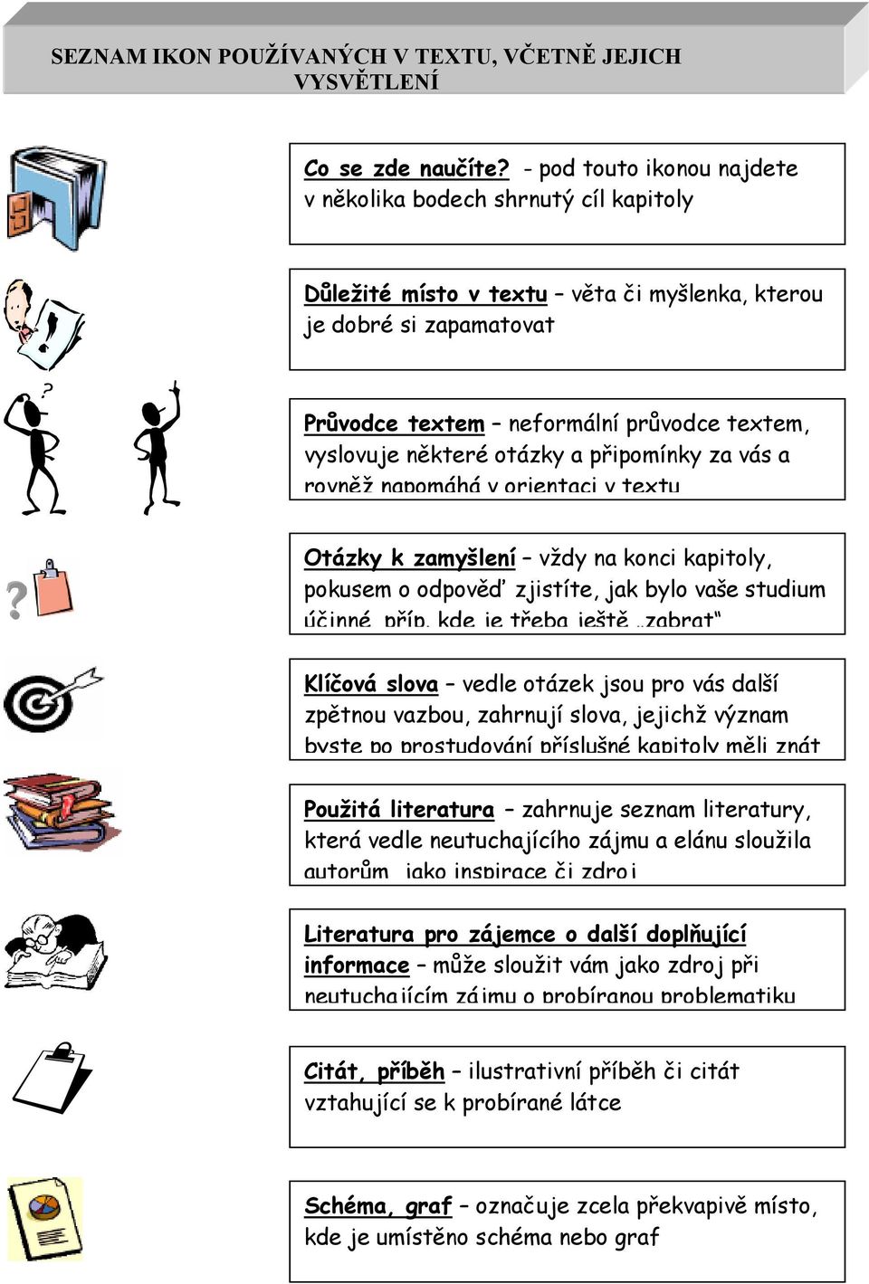 otázky a připomínky za vás a rovněž napomáhá v orientaci v textu? Otázky k zamyšlení vždy na konci kapitoly, pokusem o odpověď zjistíte, jak bylo vaše studium účinné, příp.