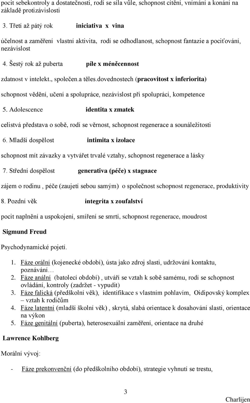 Šestý rok aţ puberta píle x méněcennost zdatnost v intelekt., společen.a těles.dovednostech (pracovitost x inferiorita) schopnost vědění, učení a spolupráce, nezávislost při spolupráci, kompetence 5.