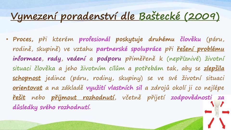 životním cílům a potřebám tak, aby se zlepšila schopnost jedince (páru, rodiny, skupiny) se ve své životní situaci orientovat a na