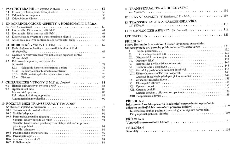 4 Absolutní a relativní kontraindikace hormonální léčby 66 8 CHIRURGICKÉ VÝKONY U FtM. 8.1 Redukční mamoplastika u transsexuálních klientll FtM (P. Ondrejka). 8.2 Operace na vnitřních ženských pohlavních orgánech u FtM (P.