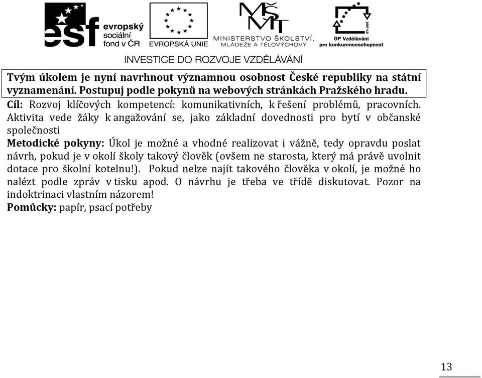 Aktivita vede žáky k angažování se, jako základní dovednosti pro bytí v občanské společnosti Metodické pokyny: Úkol je možné a vhodné realizovat i vážně, tedy opravdu poslat návrh,