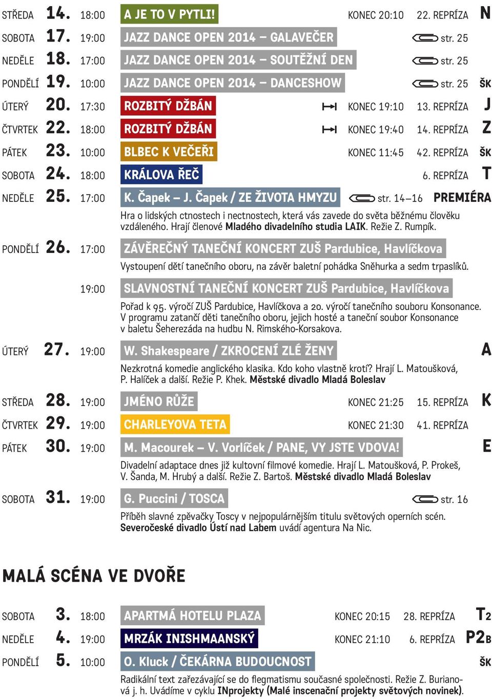 10:00 Blbec k večeři konec 11:45 42. repríza ŠK sobota 24. 18:00 Králova řeč 6. repríza T neděle 25. 17:00 K. Čapek J. Čapek / Ze života hmyzu str.