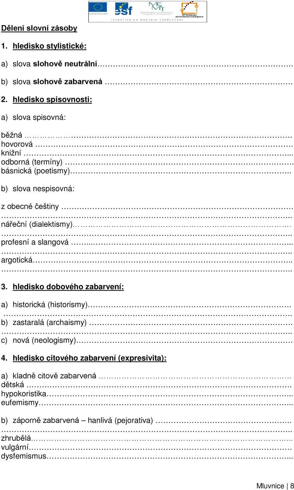 . 3. hledisko dobového zabarvení: a) historická (historismy).. b) zastaralá (archaismy). c) nová (neologismy) 4.