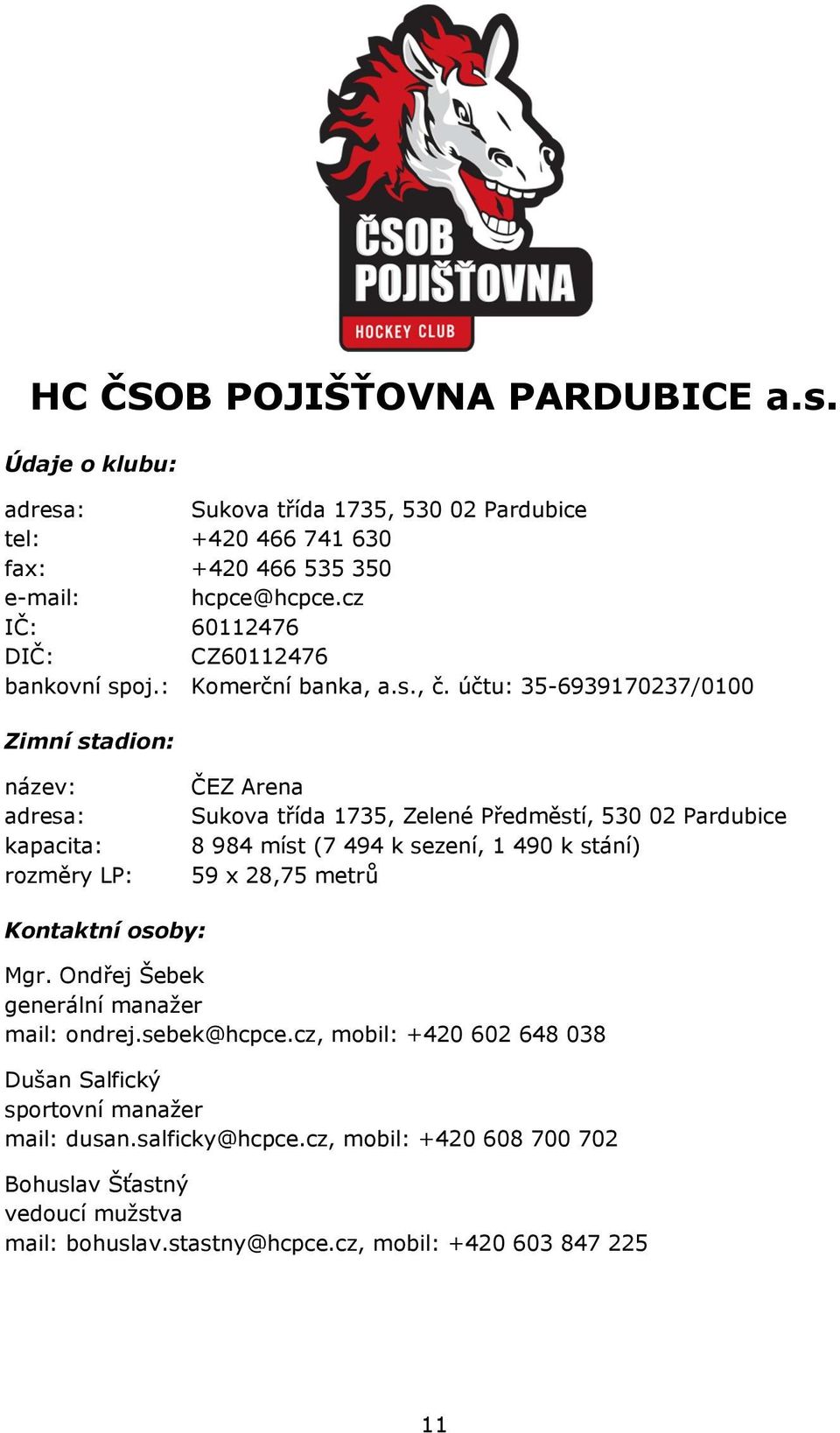 účtu: 35-6939170237/0100 Zimní stadion: název: adresa: kapacita: rozměry LP: ČEZ Arena Sukova třída 1735, Zelené Předměstí, 530 02 Pardubice 8 984 míst (7 494 k sezení, 1 490 k