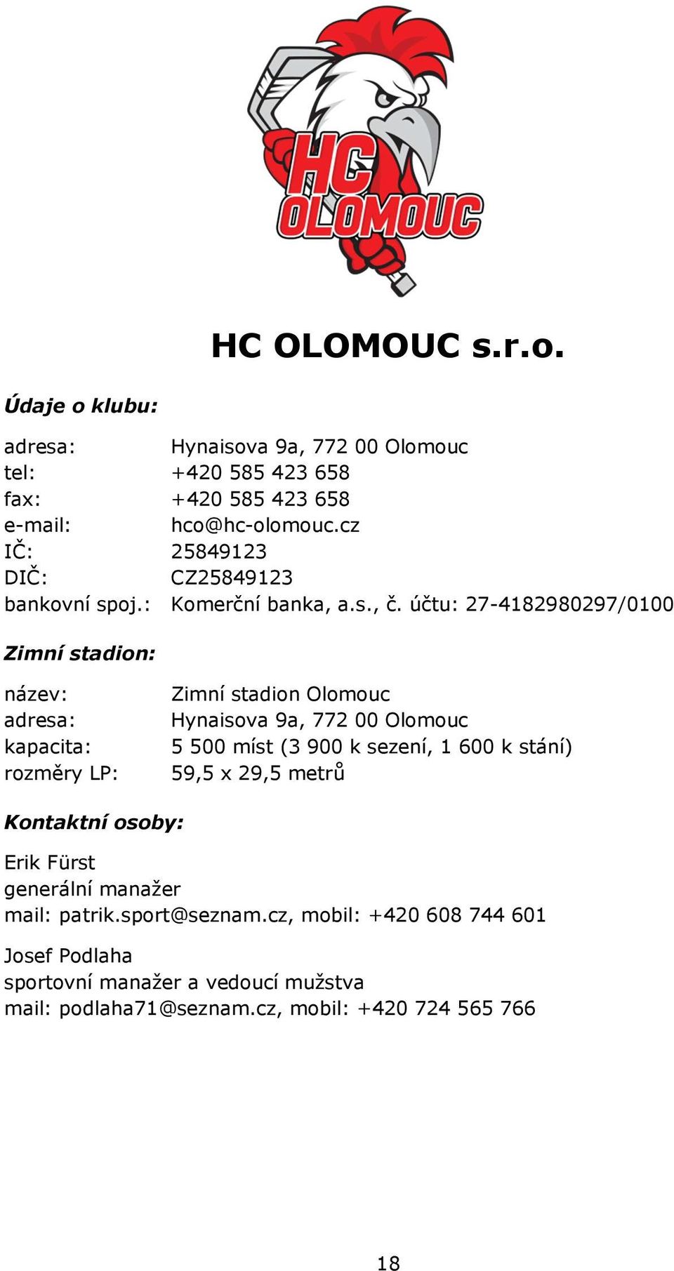 účtu: 27-4182980297/0100 Zimní stadion: název: adresa: kapacita: rozměry LP: Zimní stadion Olomouc Hynaisova 9a, 772 00 Olomouc 5 500 míst (3 900 k