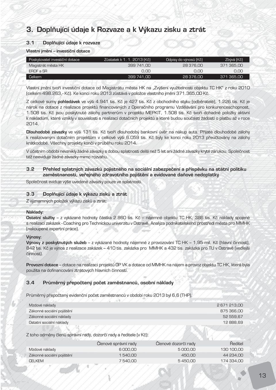 od Magistrátu města HK na Zvýšení využitelnosti objektu TC HK z roku 2010 (celkem 498.263,- Kč). Ke konci roku 2013 zůstává v položce vlastního jmění 371.365,00 Kč.