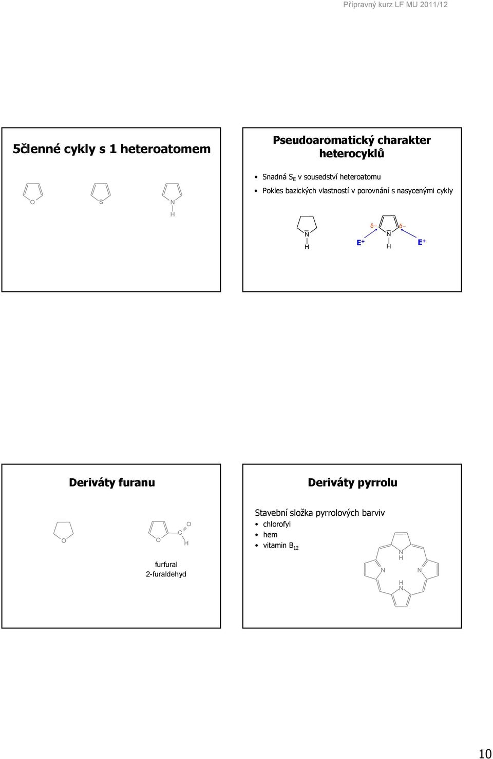 porovnání s nasycenými cykly δ δ E + E + Deriváty furanu Deriváty pyrrolu