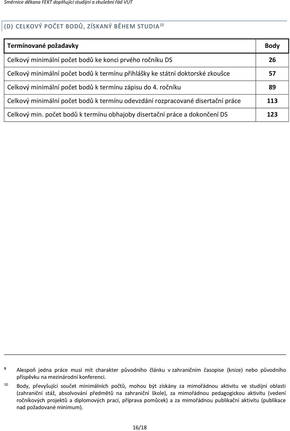 počet bodů k termínu obhajoby disertační práce a dokončení DS 123 9 Alespoň jedna práce musí mít charakter původního článku v zahraničním časopise (knize) nebo původního příspěvku na mezinárodní