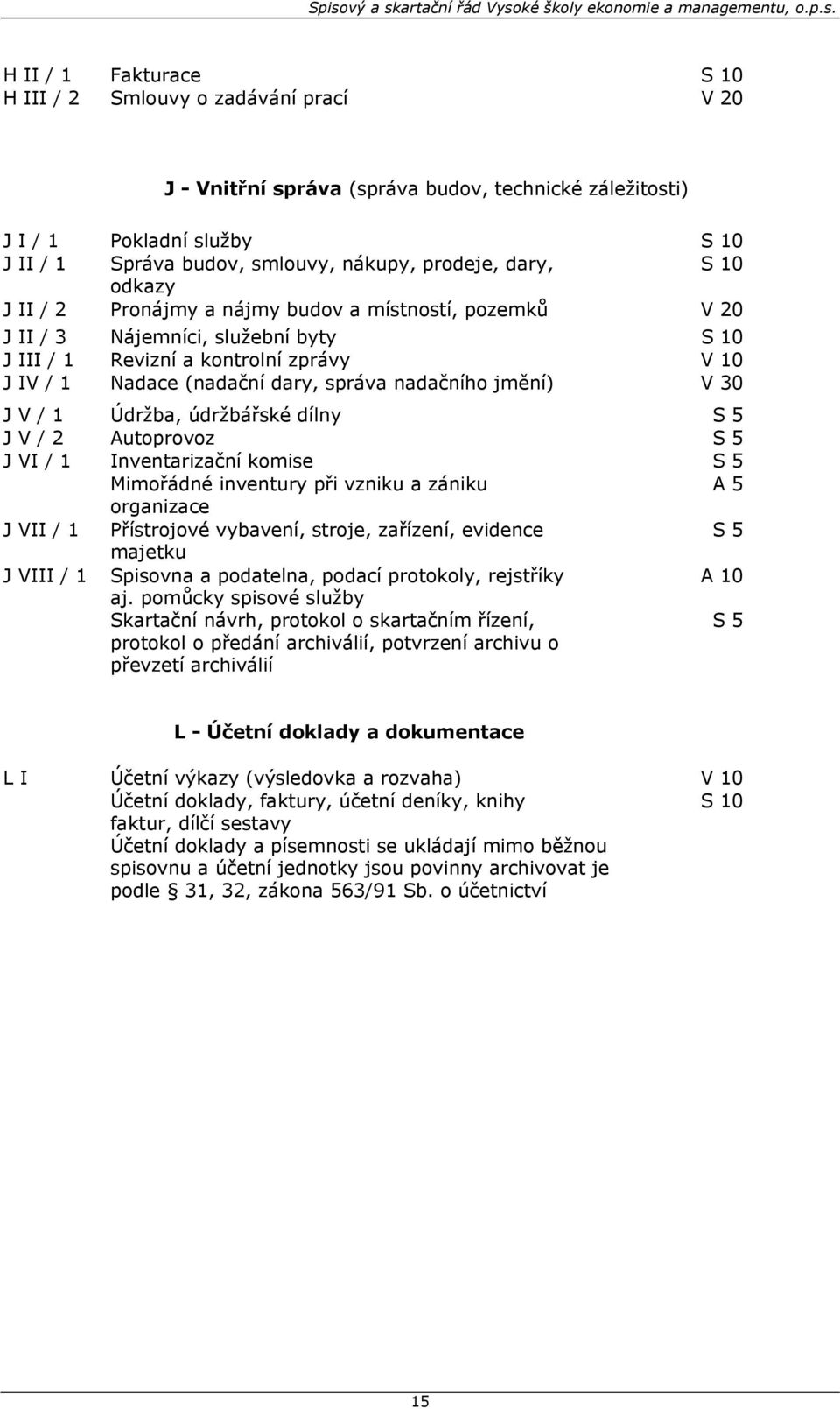 nadačního jmění) V 30 J V / 1 Údržba, údržbářské dílny S 5 J V / 2 Autoprovoz S 5 J VI / 1 Inventarizační komise S 5 Mimořádné inventury při vzniku a zániku A 5 organizace J VII / 1 Přístrojové