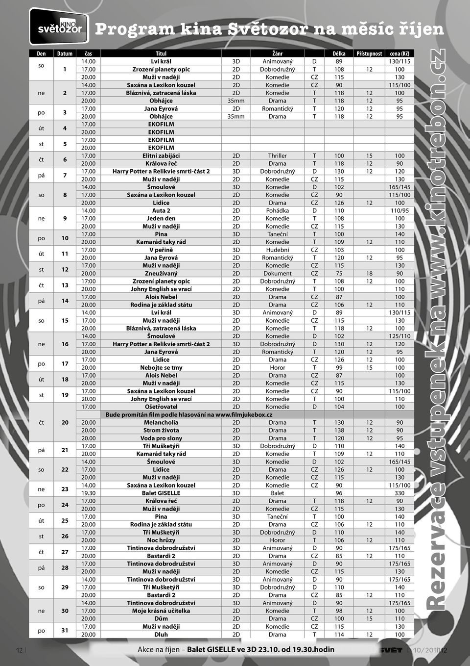 00 Jana eyrová 2D Romantický T 120 12 95 20.00 obhájce 35mm Drama T 118 12 95 út 4 17.00 ekofilm 20.00 ekofilm st 5 17.00 ekofilm 20.00 ekofilm čt 6 17.00 elitní zabijáci 2D Thriller T 100 15 100 20.