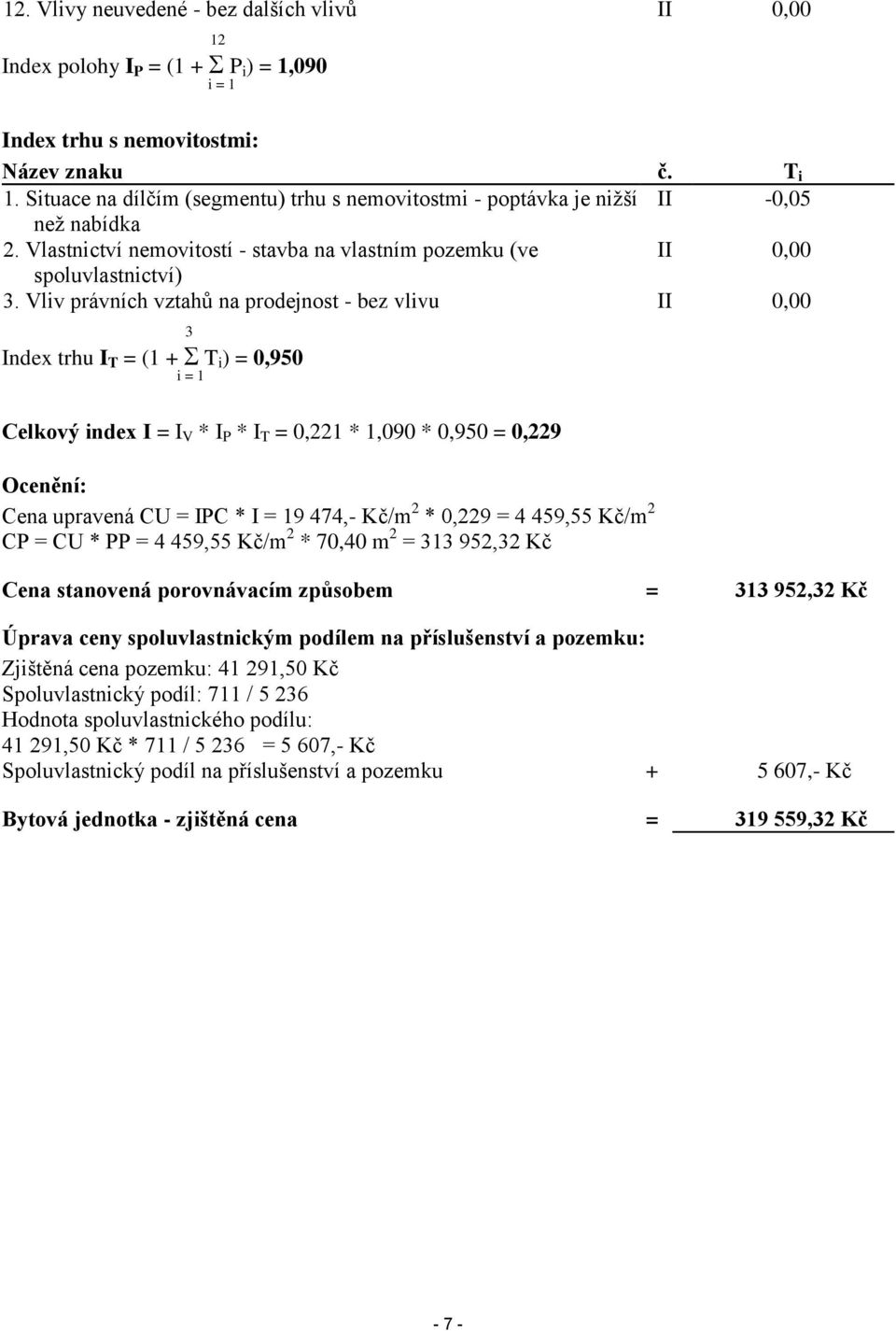 Vliv právních vztahů na prodejnost - bez vlivu II 0,00 3 Index trhu I T = (1 + T i ) = 0,950 i = 1 Celkový index I = I V * I P * I T = 0,221 * 1,090 * 0,950 = 0,229 Ocenění: Cena upravená CU = IPC *