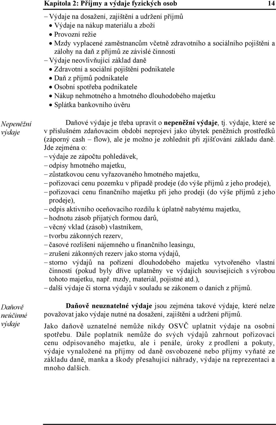 majetku Splátka bankovního úvěru Nepeněžní výdaje Daňově neúčinné výdaje Daňové výdaje je třeba upravit o nepeněžní výdaje, tj.