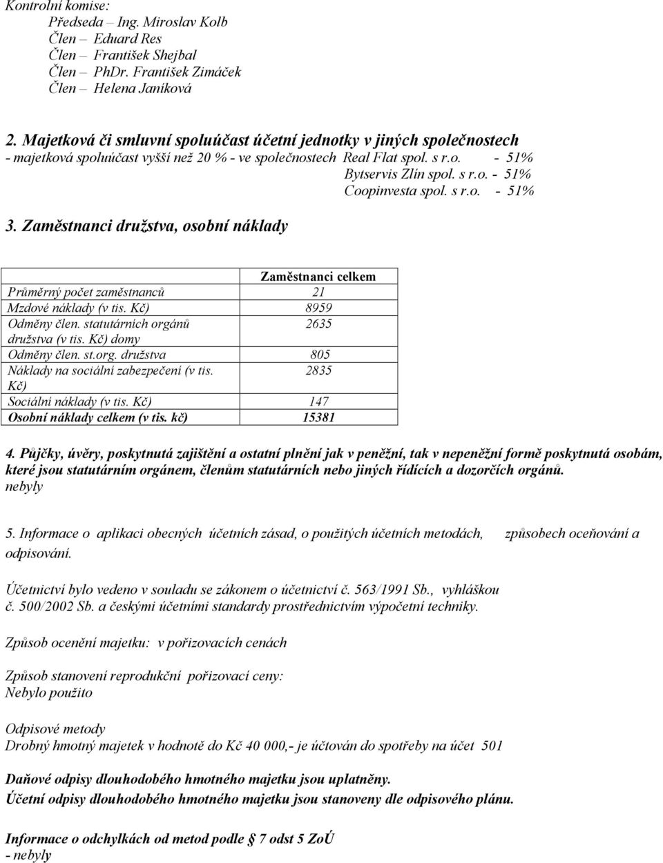 s r.o. - 51% 3. Zaměstnanci družstva, osobní náklady Zaměstnanci celkem Průměrný počet zaměstnanců 21 Mzdové náklady (v tis. Kč) 8959 Odměny člen. statutárních orgánů 2635 družstva (v tis.