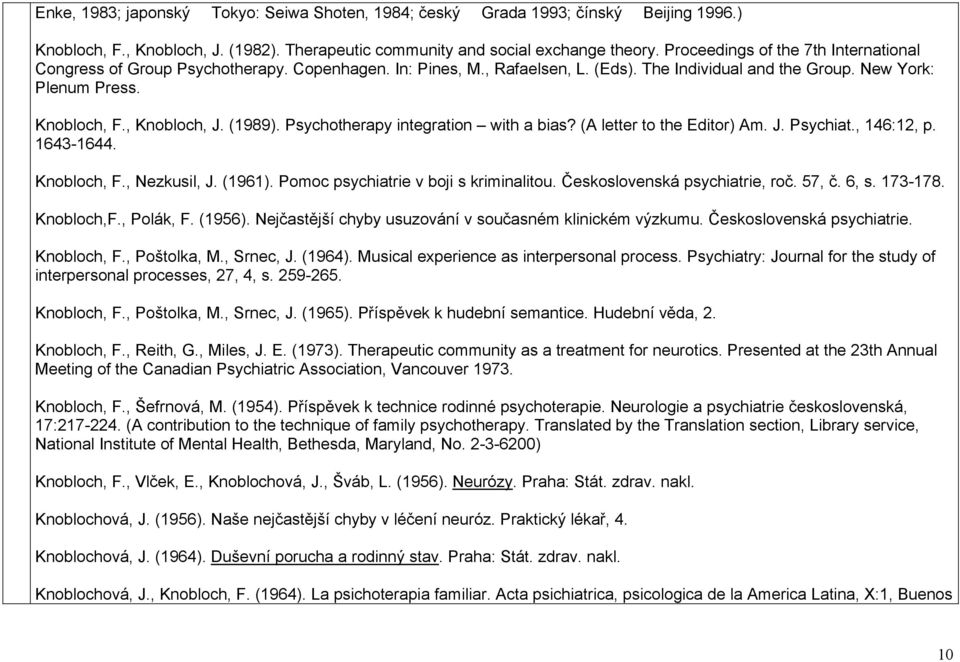 (1989). Psychotherapy integration with a bias? (A letter to the Editor) Am. J. Psychiat., 146:12, p. 1643-1644. Knobloch, F., Nezkusil, J. (1961). Pomoc psychiatrie v boji s kriminalitou.