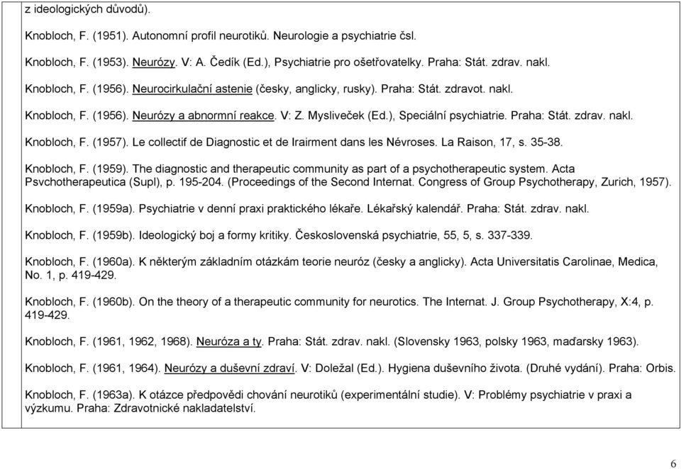 ), Speciální psychiatrie. Praha: Stát. zdrav. nakl. Knobloch, F. (1957). Le collectif de Diagnostic et de Irairment dans les Névroses. La Raison, 17, s. 35-38. Knobloch, F. (1959).