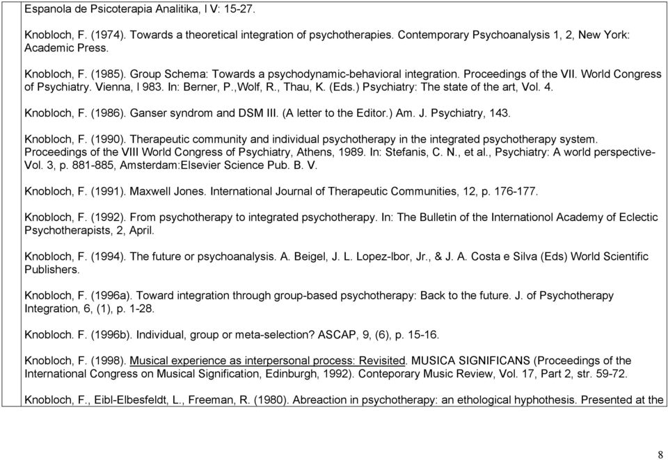 ) Psychiatry: The state of the art, Vol. 4. Knobloch, F. (1986). Ganser syndrom and DSM III. (A letter to the Editor.) Am. J. Psychiatry, 143. Knobloch, F. (1990).