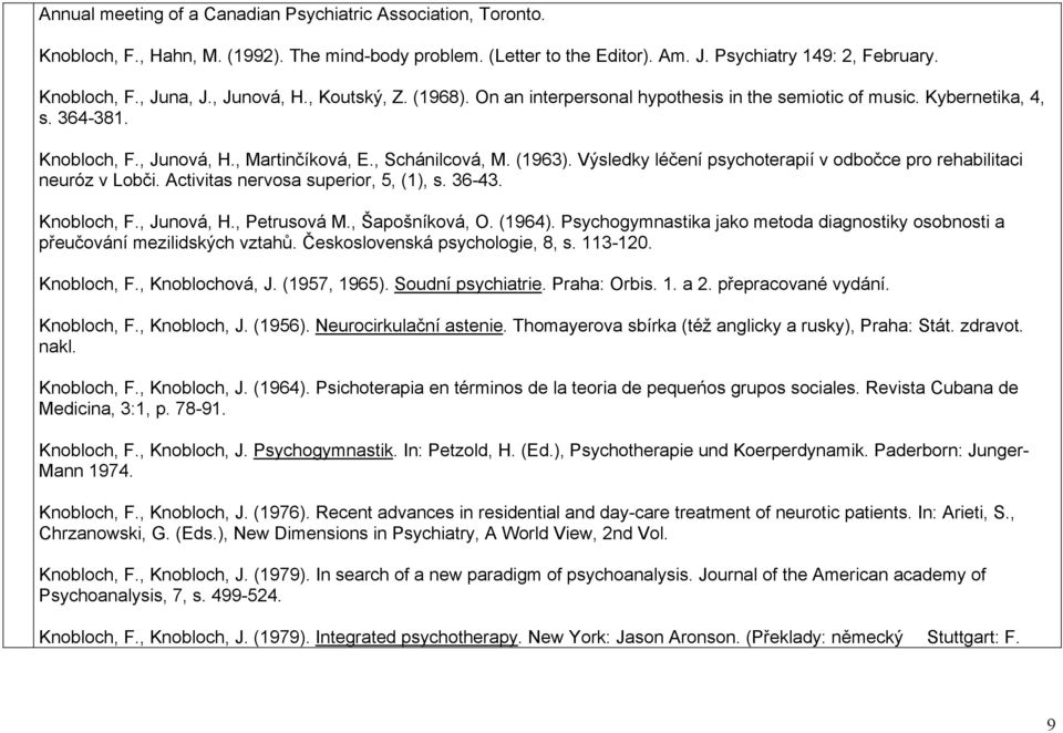 Výsledky léčení psychoterapií v odbočce pro rehabilitaci neuróz v Lobči. Activitas nervosa superior, 5, (1), s. 36-43. Knobloch, F., Junová, H., Petrusová M., Šapošníková, O. (1964).