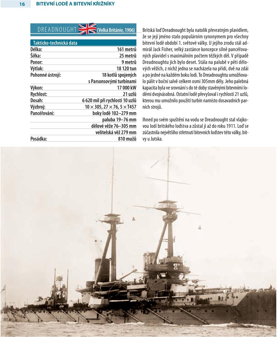 76 305 mm velitelská věž 279 mm 810 mužů Britská loď Dreadnought byla natolik převratným plavidlem, že se její jméno stalo populárním synonymem pro všechny bitevní lodě období 1. světové války.