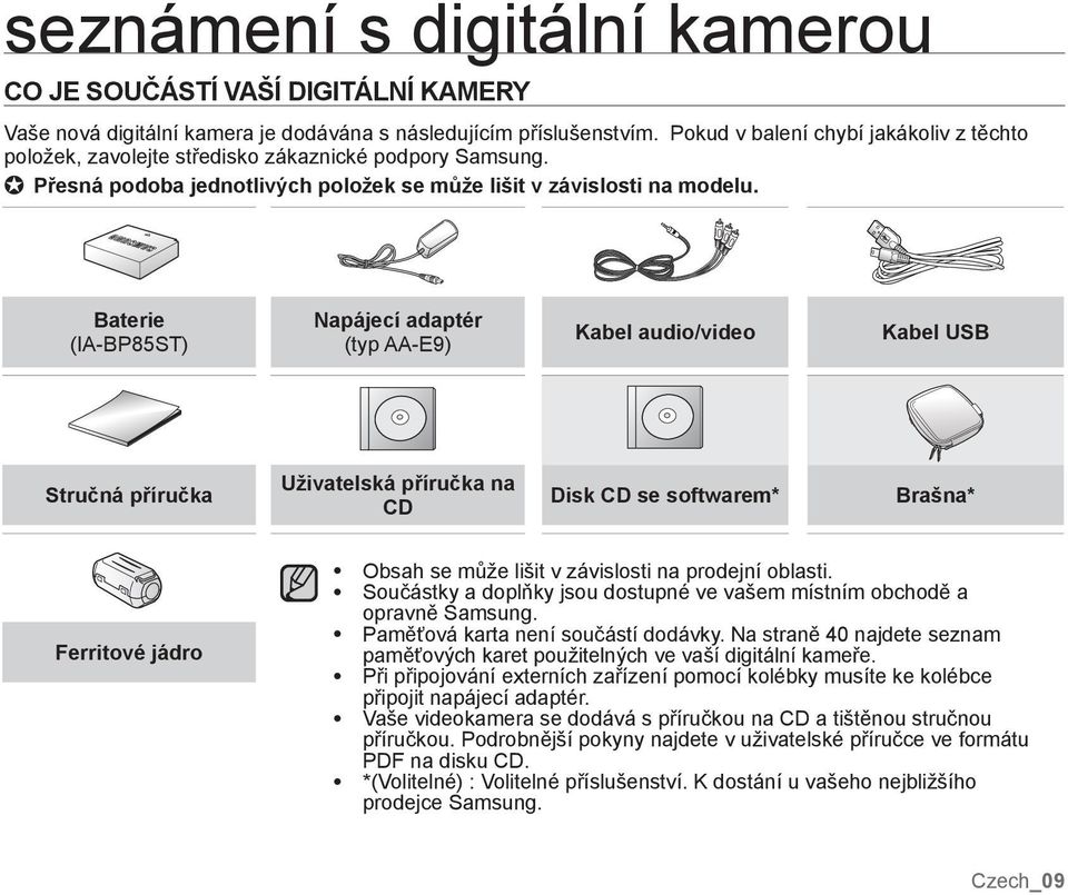 Baterie (IA-BP85ST) Napájecí adaptér (typ AA-E9) Kabel audio/video Kabel USB Stručná příručka Uživatelská příručka na CD Disk CD se softwarem* Brašna* Ferritové jádro Obsah se může lišit v závislosti