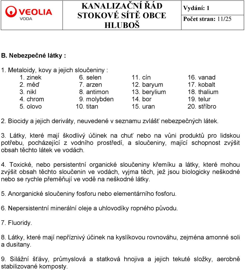 Látky, které mají škodlivý účinek na chuť nebo na vůni produktů pro lidskou potřebu, pocházející z vodního prostředí, a sloučeniny, mající schopnost zvýšit obsah těchto látek ve vodách. 4.