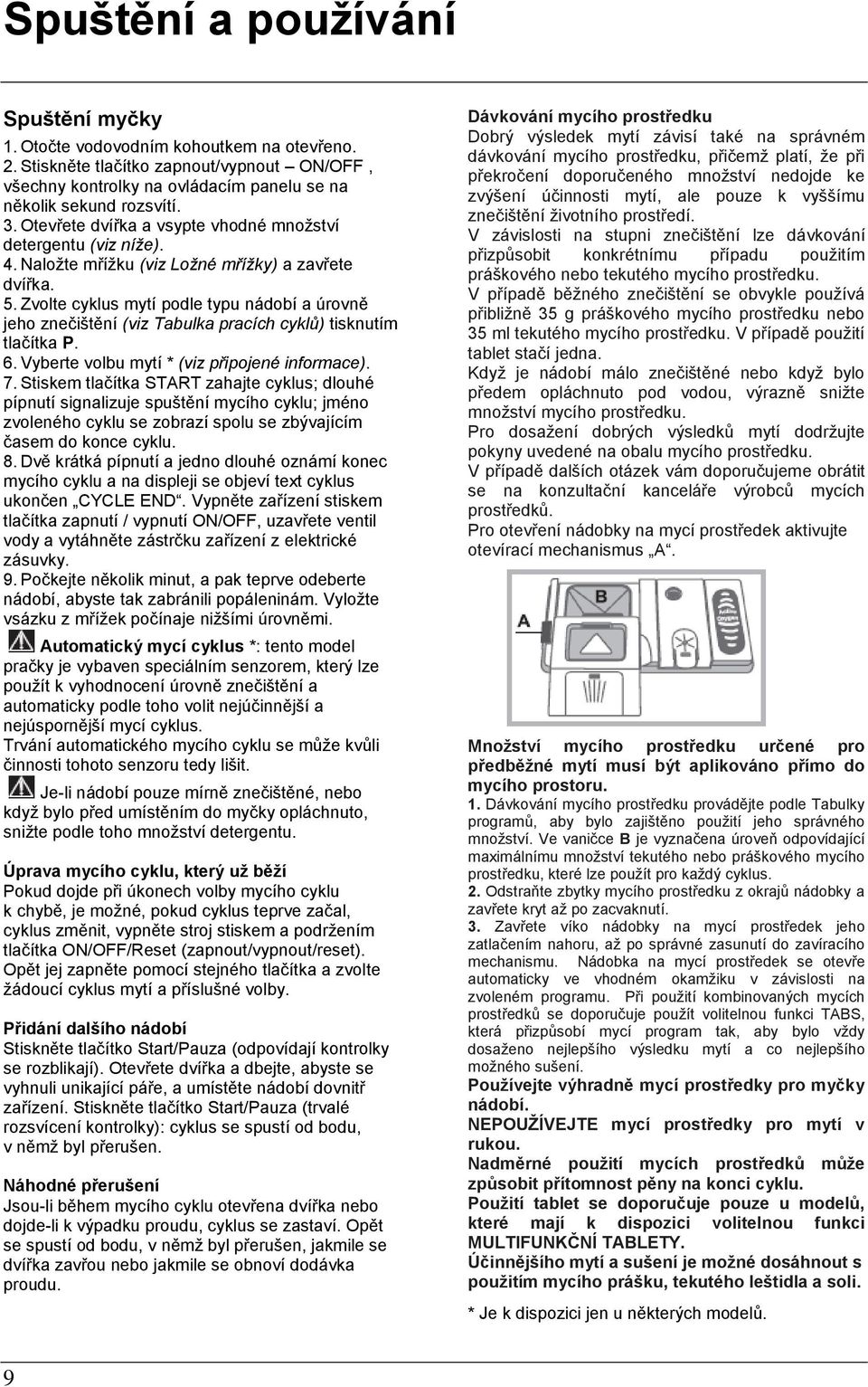 Zvolte cyklus mytí podle typu nádobí a úrovně jeho znečištění (viz Tabulka pracích cyklů) tisknutím tlačítka P. 6. Vyberte volbu mytí * (viz připojené informace). 7.