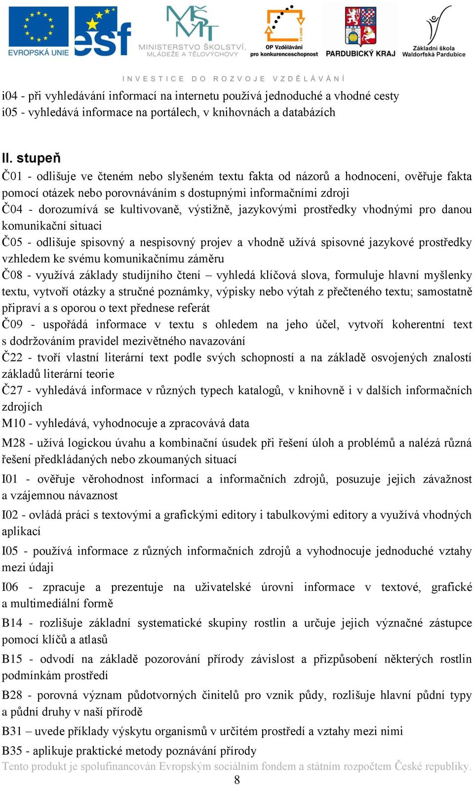 výstižně, jazykovými prostředky vhodnými pro danou komunikační situaci Č05 - odlišuje spisovný a nespisovný projev a vhodně užívá spisovné jazykové prostředky vzhledem ke svému komunikačnímu záměru