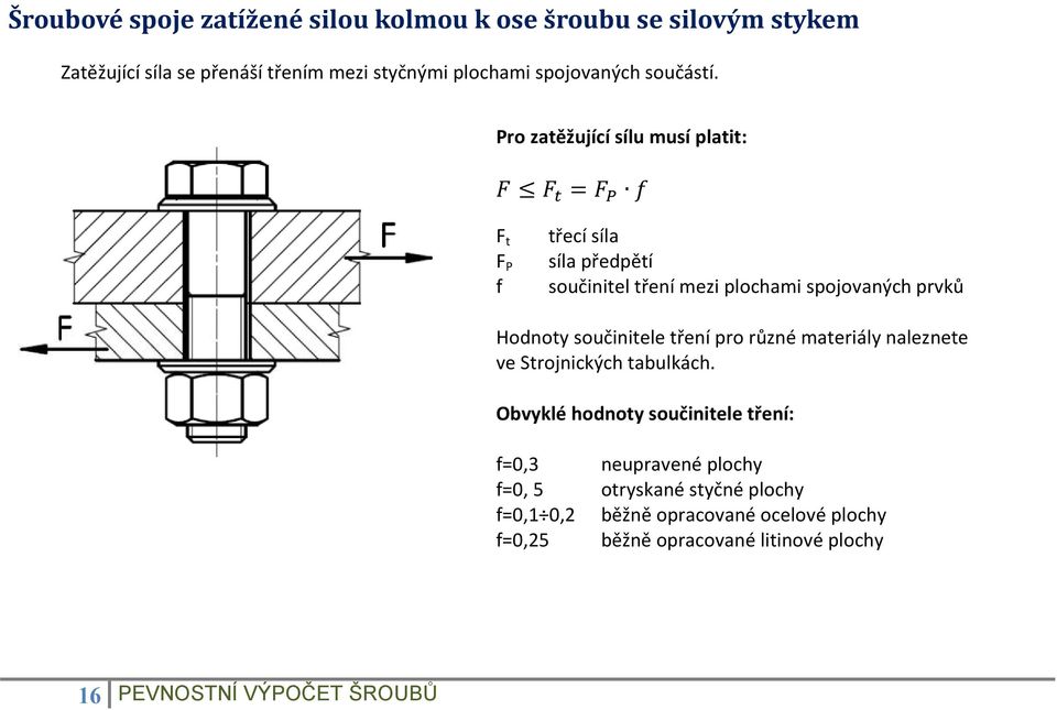 Pro zatěžující sílu musí platit: = F t třecí síla F P síla předpětí f součinitel tření mezi plochami spojovaných prvků Hodnoty