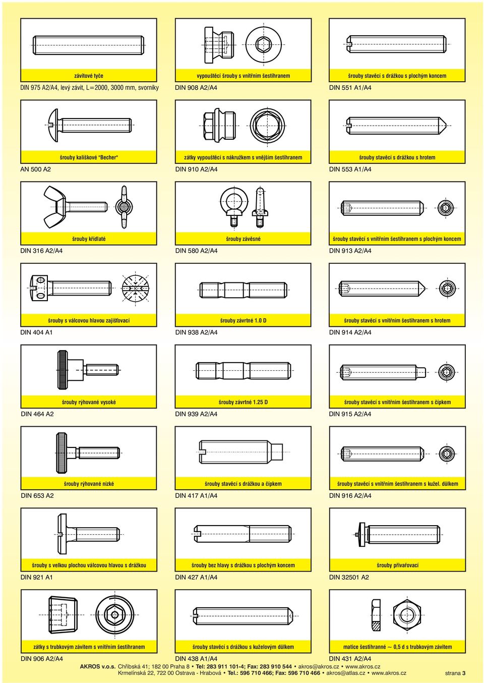 stavěcí s vnitřním šestihranem s plochým koncem DIN 913 A2/A4 DIN 404 A1 šrouby s válcovou hlavou zajišťovací DIN 938 A2/A4 šrouby závrtné 1.