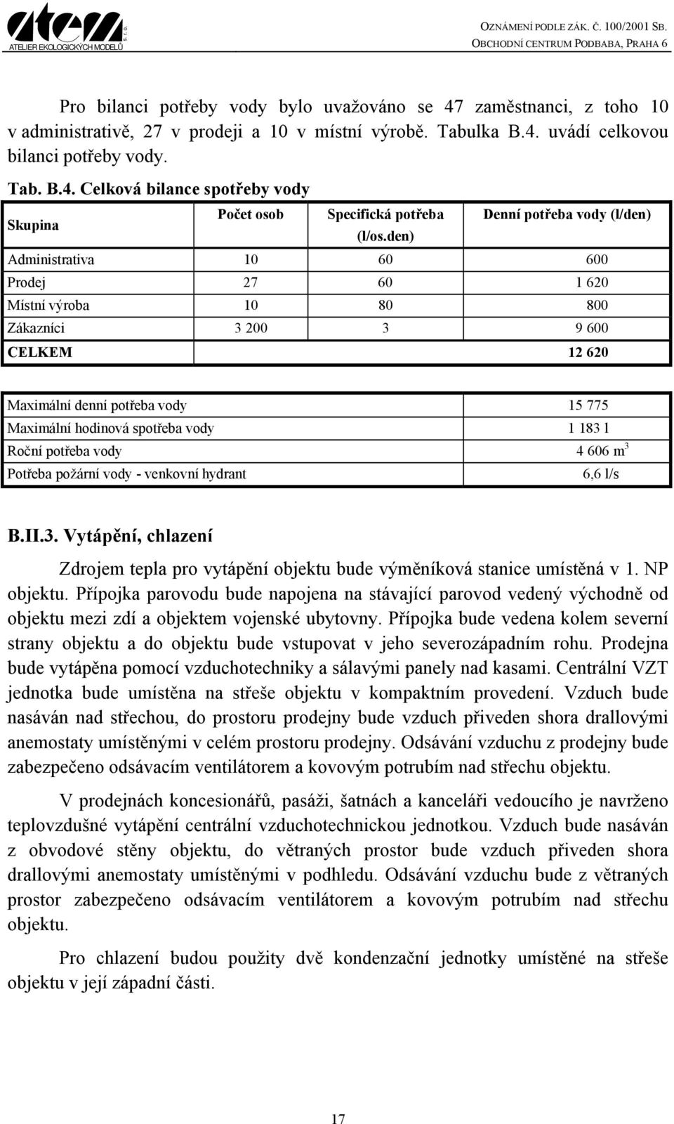 spotřeba vody 1 183 l Roční potřeba vody 4 606 m 3 Potřeba požární vody - venkovní hydrant 6,6 l/s B.II.3. Vytápění, chlazení Zdrojem tepla pro vytápění objektu bude výměníková stanice umístěná v 1.