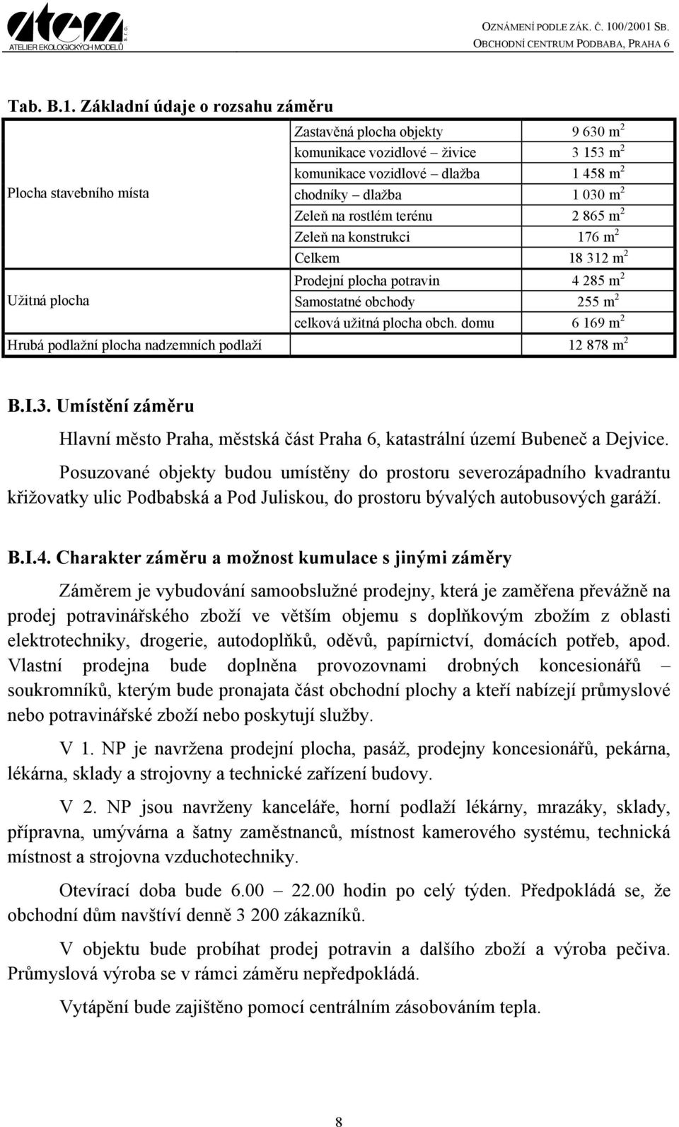 na rostlém terénu 2 865 m 2 Zeleň na konstrukci 176 m 2 Celkem 18 312 m 2 Prodejní plocha potravin 4 285 m 2 Užitná plocha Samostatné obchody 255 m 2 celková užitná plocha obch.