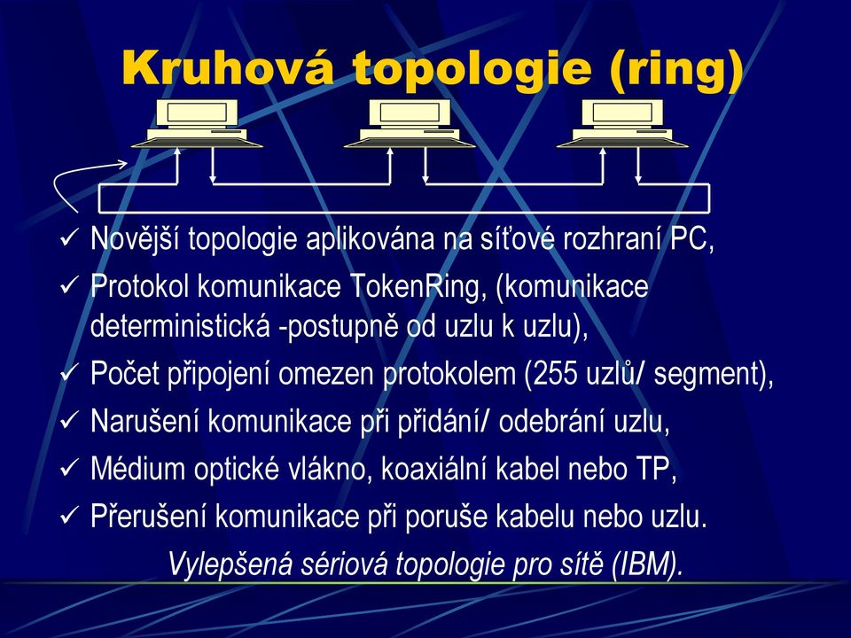 (255 uzlů/ segment), Narušení komunikace při přidání/ odebrání uzlu, Médium optické vlákno, koaxiální