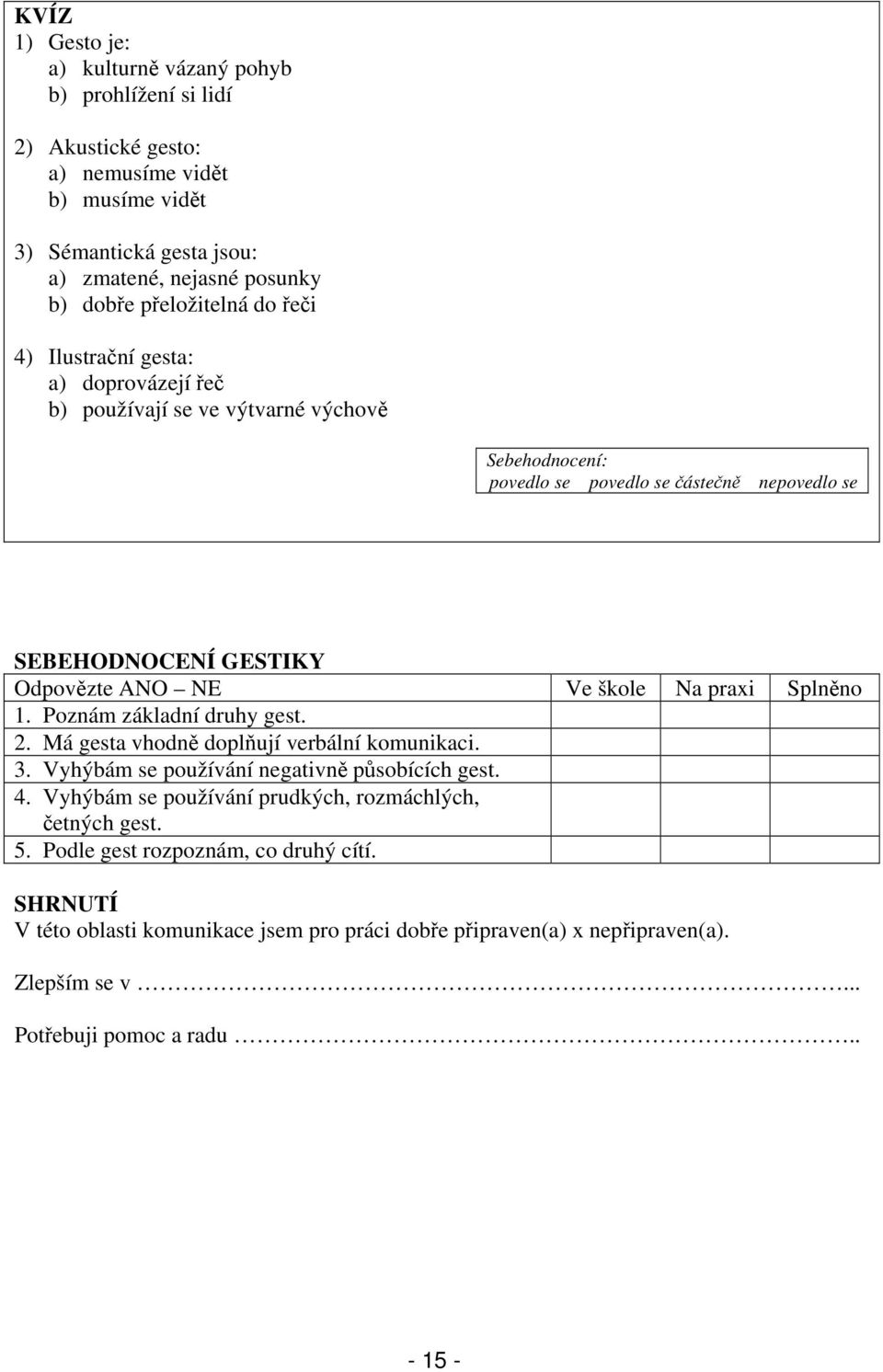 Poznám základní druhy gest. 2. Má gesta vhodně doplňují verbální komunikaci. 3. Vyhýbám se používání negativně působících gest. 4.