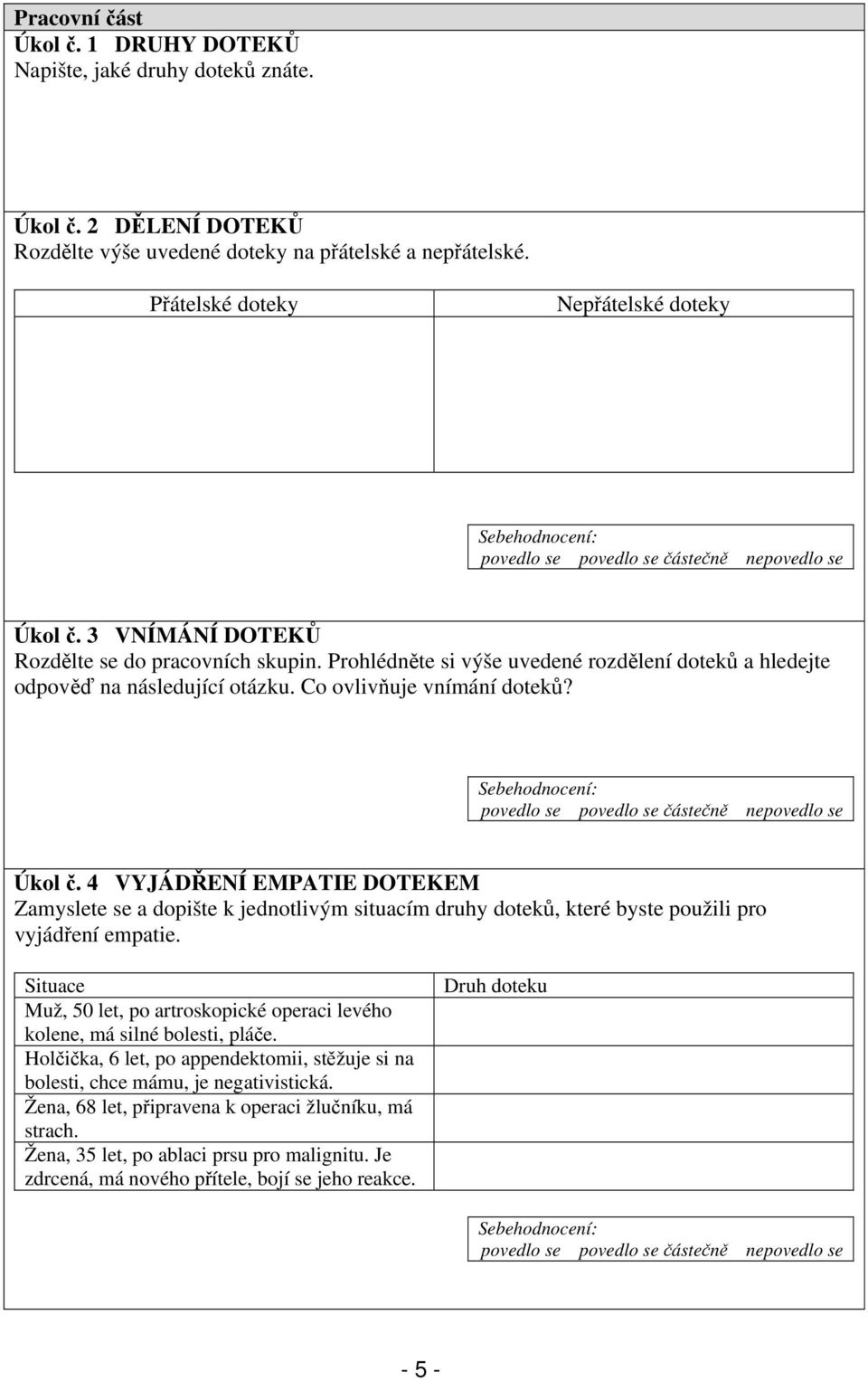 4 VYJÁDŘENÍ EMPATIE DOTEKEM Zamyslete se a dopište k jednotlivým situacím druhy doteků, které byste použili pro vyjádření empatie.