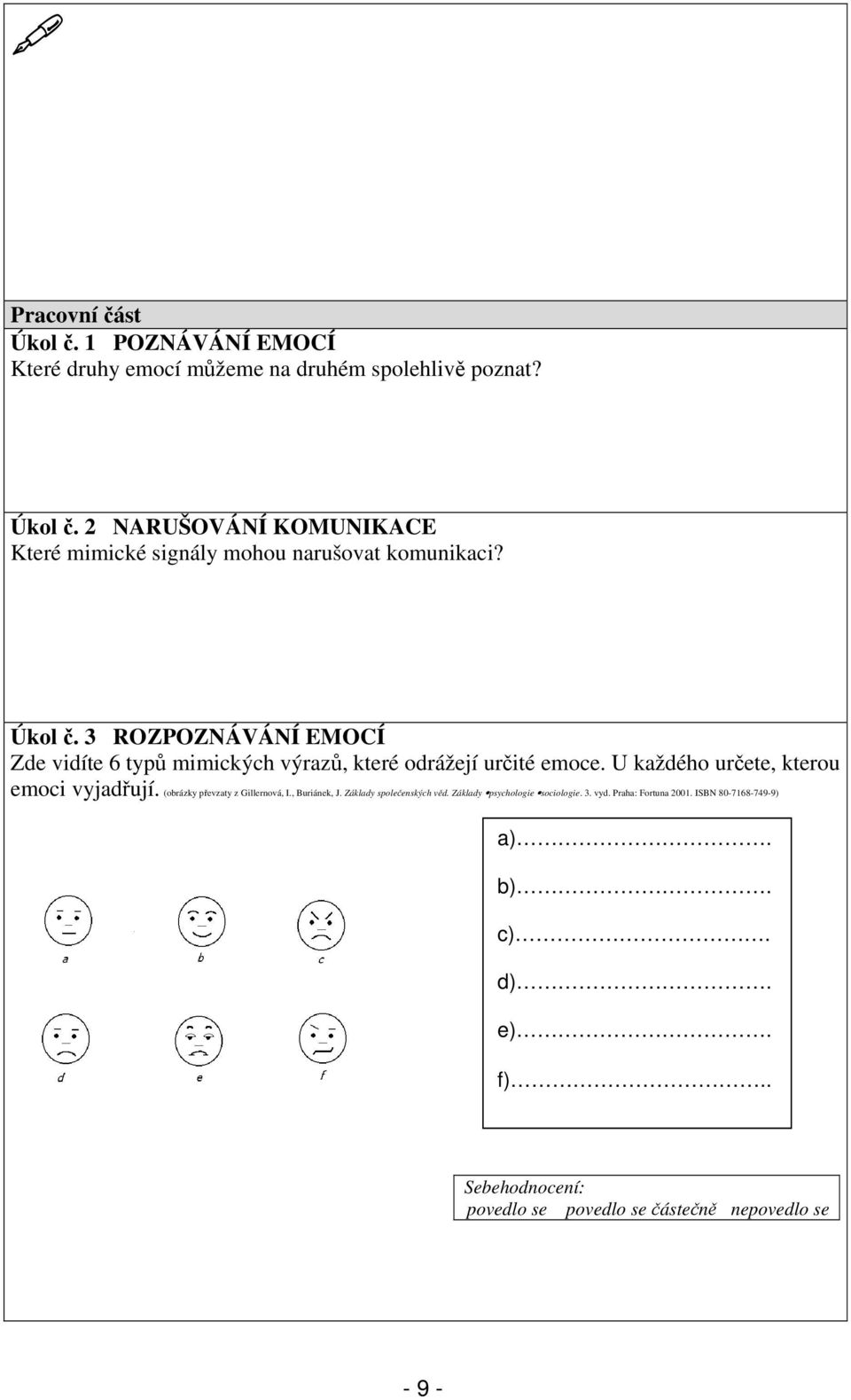 U každého určete, kterou emoci vyjadřují. (obrázky převzaty z Gillernová, I., Buriánek, J. Základy společenských věd.