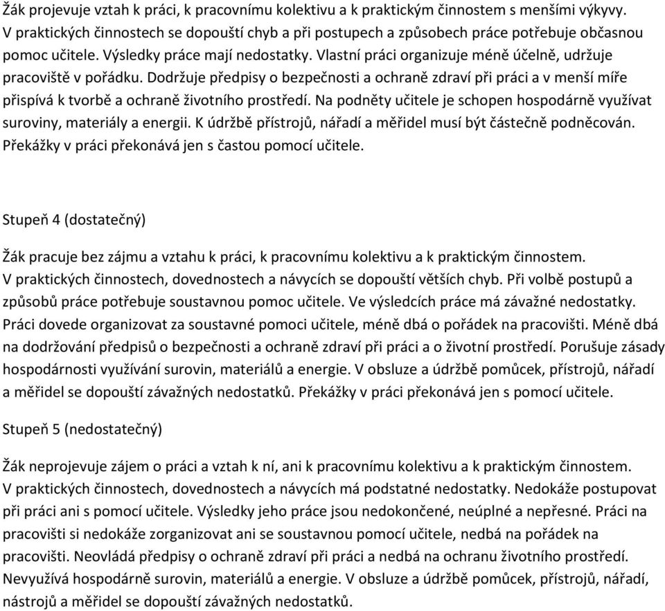 Vlastní práci organizuje méně účelně, udržuje pracoviště v pořádku. Dodržuje předpisy o bezpečnosti a ochraně zdraví při práci a v menší míře přispívá k tvorbě a ochraně životního prostředí.