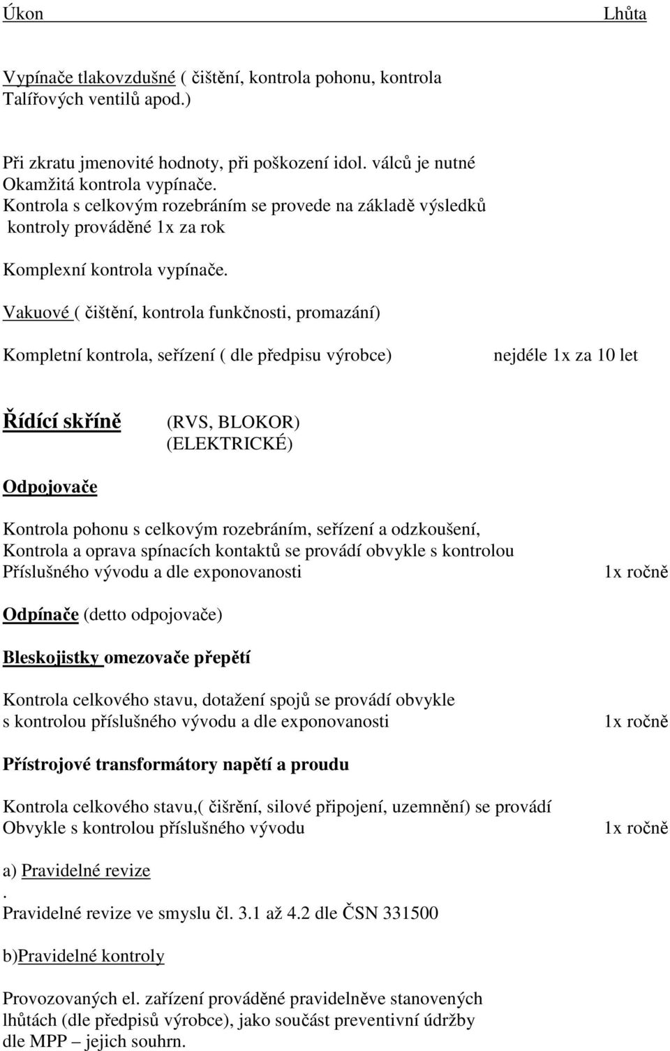 Vakuové ( čištění, kontrola funkčnosti, promazání) Kompletní kontrola, seřízení ( dle předpisu výrobce) nejdéle 1x za 10 let Řídící skříně (RVS, BLOKOR) (ELEKTRICKÉ) Odpojovače Kontrola pohonu s