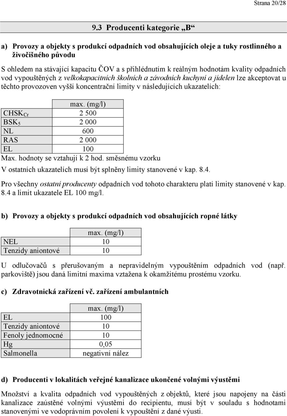 hodnotám kvality odpadních vod vypouštěných z velkokapacitních školních a závodních kuchyní a jídelen lze akceptovat u těchto provozoven vyšší koncentrační limity v následujících ukazatelích: max.