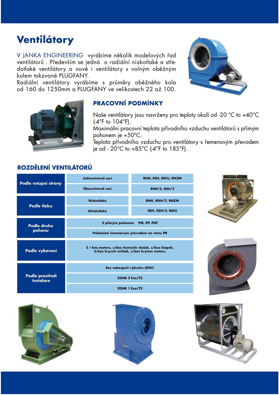Radiální ventilátory vyrábíme s průměry oběžného kola od 160 do 1250mm a PLUGFANY ve velikostech 22 až 100.