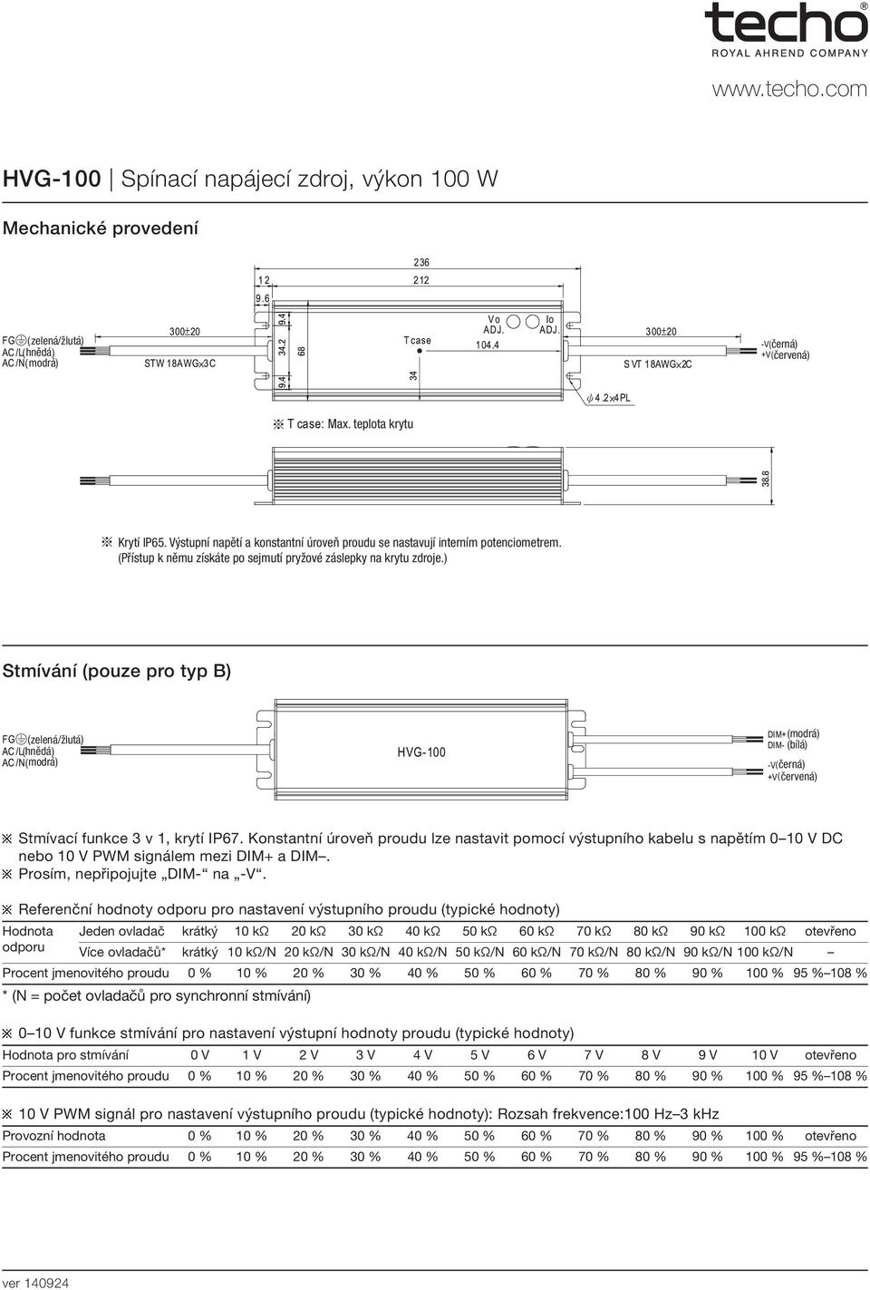 ) Stmívání (pouze pro typ B) zelená/žlutá hnědá modrá) (bílá) černá) červená) Stmívací funkce 3 v 1, krytí IP67.