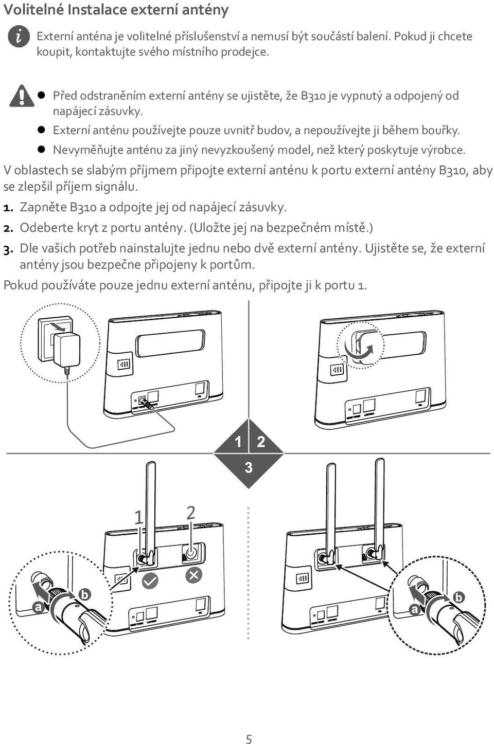Nevyměňujte anténu za jiný nevyzkoušený model, než který poskytuje výrobce. V oblastech se slabým příjmem připojte externí anténu k portu externí antény B310, aby se zlepšil příjem signálu. 1.