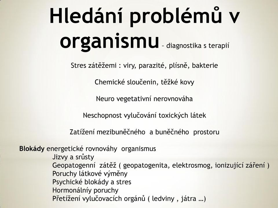 prostoru Blokády energetické rovnováhy organismus Jizvy a srůsty Geopatogenní zátěž ( geopatogenita, elektrosmog,