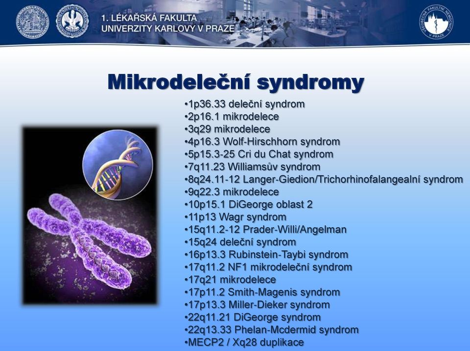 1 DiGeorge oblast 2 11p13 Wagr syndrom 15q11.2 12 Prader Willi/Angelman 15q24 deleční syndrom 16p13.3 Rubinstein Taybi syndrom 17q11.