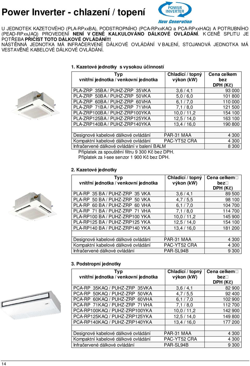 Kazetové jednotky s vysokou účinností vnitřní jednotka / venkovní jednotka Chladicí / topný výkon (kw) Cena celkem PLA-ZRP 35BA / PUHZ-ZRP 35VKA 3,6 / 4,1 93 000 PLA-ZRP 50BA / PUHZ-ZRP 50VKA 5,0 /