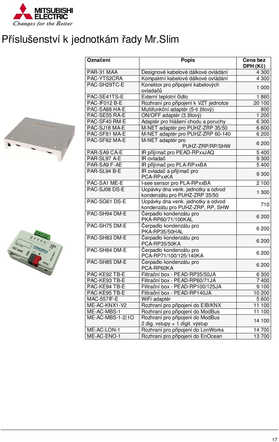 PAC-SE41TS-E Externí teplotní čidlo 1 860 PAC-I F 0 12 B-E Rozhraní pro připojení k V Z T j e d n o t c e 20 100 PAC-SA88 HA-E Multifunkční adaptér (5-ti žilový) 800 PAC-SE55 RA-E ON/OFF adaptér (3