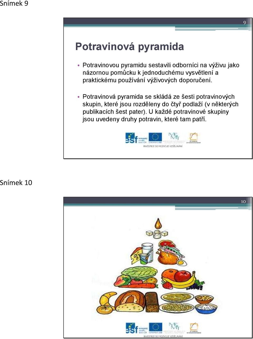 Potravinová pyramida se skládá ze šesti potravinových skupin, které jsou rozděleny do čtyř podlaží
