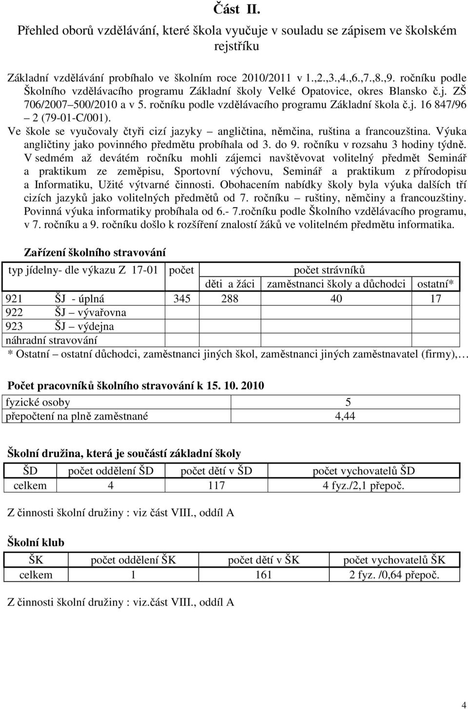 Ve škole se vyučovaly čtyři cizí jazyky angličtina, němčina, ruština a francouzština. Výuka angličtiny jako povinného předmětu probíhala od 3. do 9. ročníku v rozsahu 3 hodiny týdně.