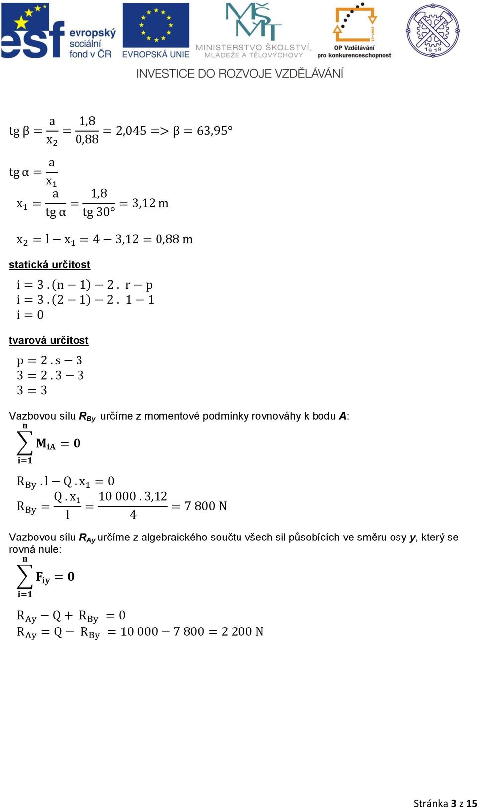 Vazbovou sílu R Ay určíme z algebraického součtu všech