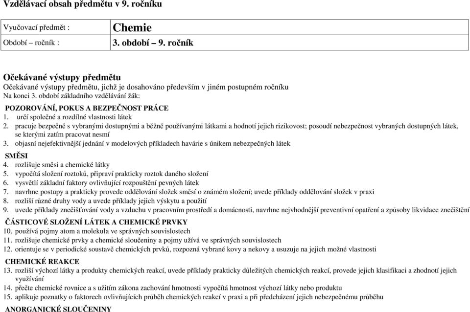 období základního vzdělávání žák: POZOROVÁNÍ, POKUS A BEZPEČNOST PRÁCE 1. určí společné a rozdílné vlastnosti látek 2.