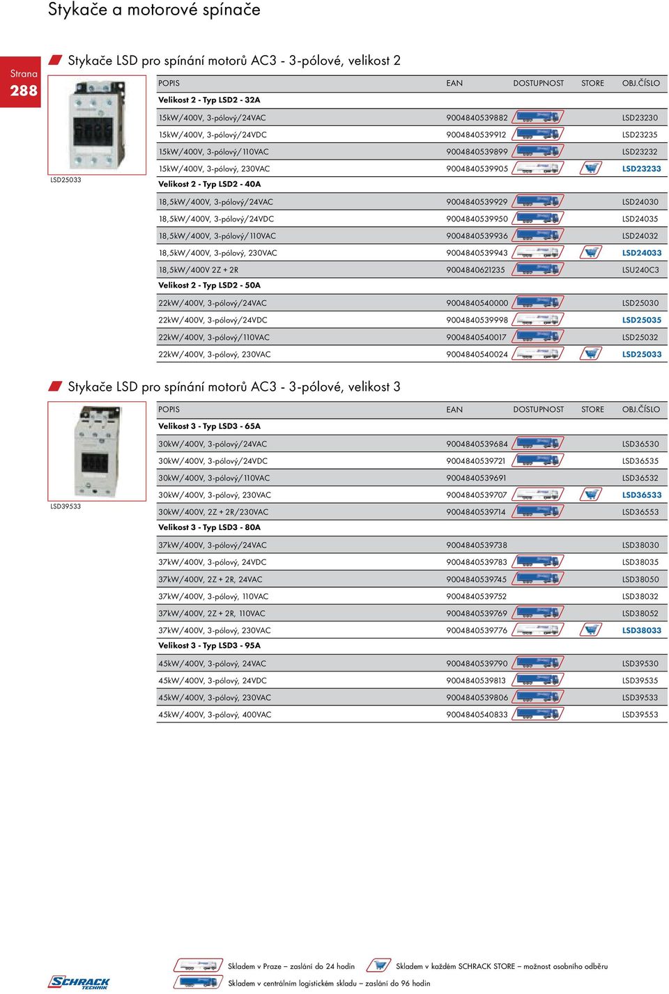 3-pólový/24VDC 9004840539950 LSD24035 18,5kW/400V, 3-pólový/110VAC 9004840539936 LSD24032 18,5kW/400V, 3-pólový, 230VAC 9004840539943 LSD24033 18,5kW/400V 2Z + 2R 9004840621235 LSU240C3 Velikost 2 -