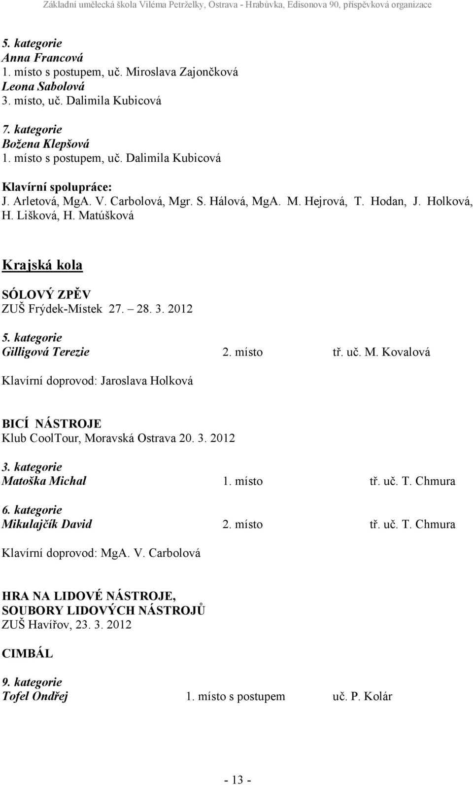 kategorie Gilligová Terezie 2. místo tř. uč. M. Kovalová Klavírní doprovod: Jaroslava Holková BICÍ NÁSTROJE Klub CoolTour, Moravská Ostrava 20. 3. 2012 3. kategorie Matoška Michal 1. místo tř. uč. T. Chmura 6.